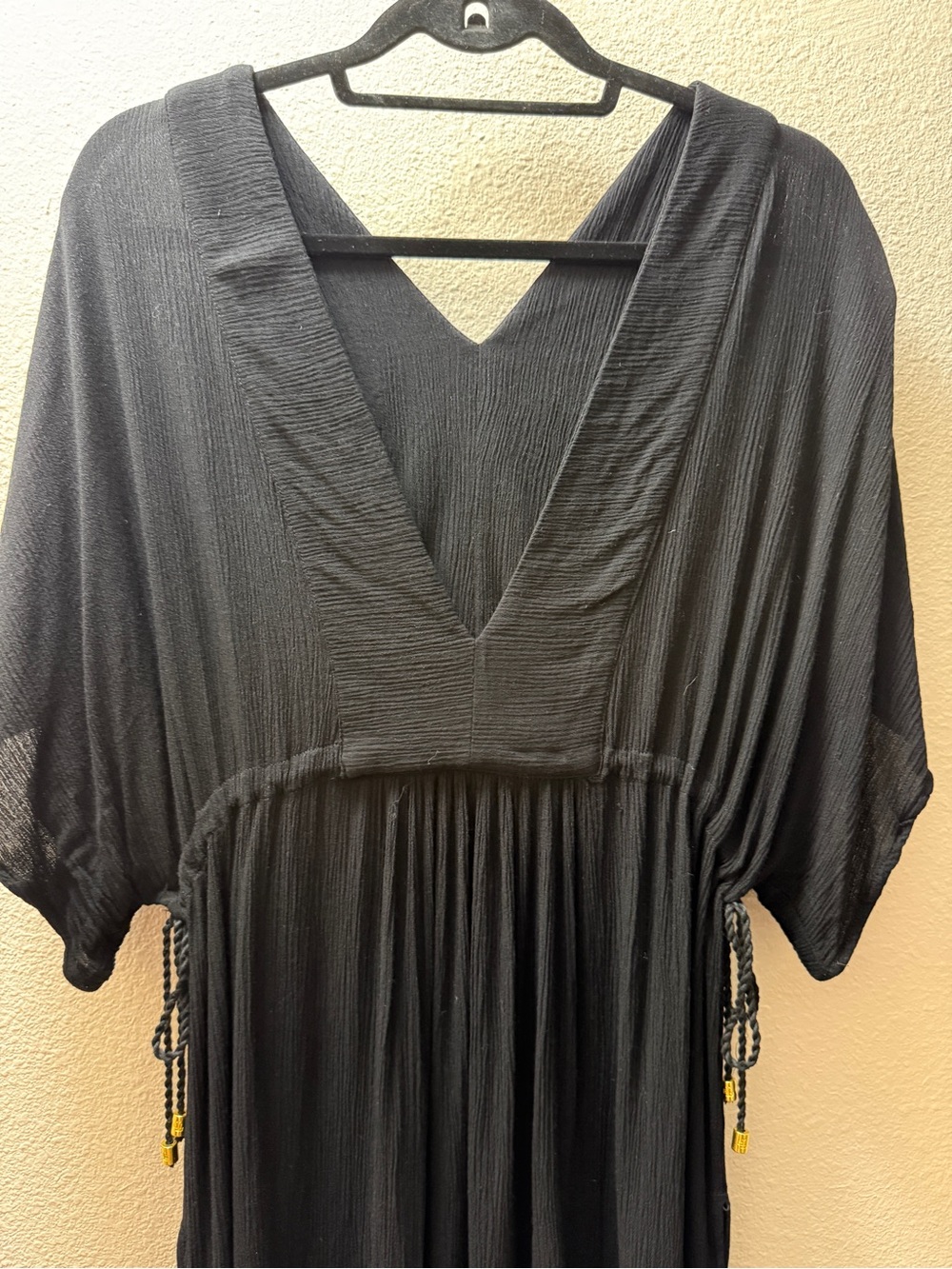 Lauren Ralph Lauren Black Crinkle Gauze Kaftan Tunic Swim Cover Up Boho Tassel M - Picture 2 of 10